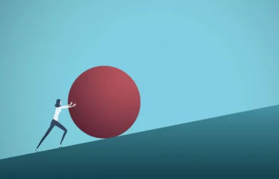 Eine Grafik von einer Frau vor blauem Horizont, die eine übergroße dunkelrote Kugel eine dunkelblaue Steigung hinaufschiebt. Eine Grafik von einer Frau vor blauem Horizont, die eine übergroße dunkelrote Kugel eine dunkelblaue Steigung hinaufschiebt.