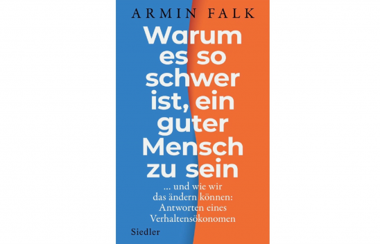 Ein Buchcover, welches längs zur Hälfte blau und orange ist. Oben steht der Name des Autor "Armin Falk" in schwarzer Schrift. Darunter in großer, weißer Schrift der Titel "Warum es so schwer ist, ein guter Mensch zu sein". 