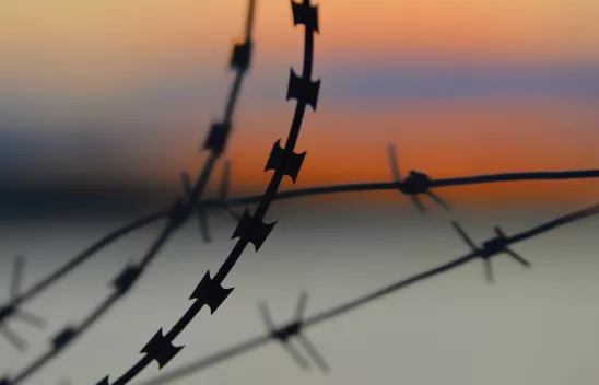 Ein Stacheldraht in Nahaufnahme vor dem Sonnenuntergang. Ein Stacheldraht in Nahaufnahme vor dem Sonnenuntergang.