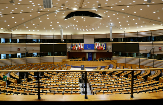 Foto vom Innenraum des Europaparlaments in Straßburg. Die Sitze sind leer, das Foto wurde aus den hinteren Reihen geschossen.