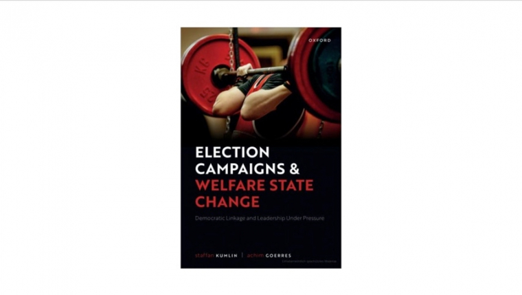 Ein Buchcover mit dem Titel in weißer und roter Schrift "Election Campaigns & Welfare State Change". Das Cover zeigt eine Langhantel, die von einer Person gehoben wird. 