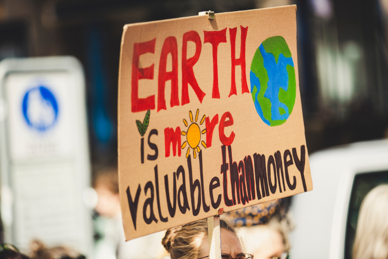 Ein Demonstrationsschild zeigt die bunte Aufschrift "Earth is more valuable than money" und eine aufgemalte Erdkugel.