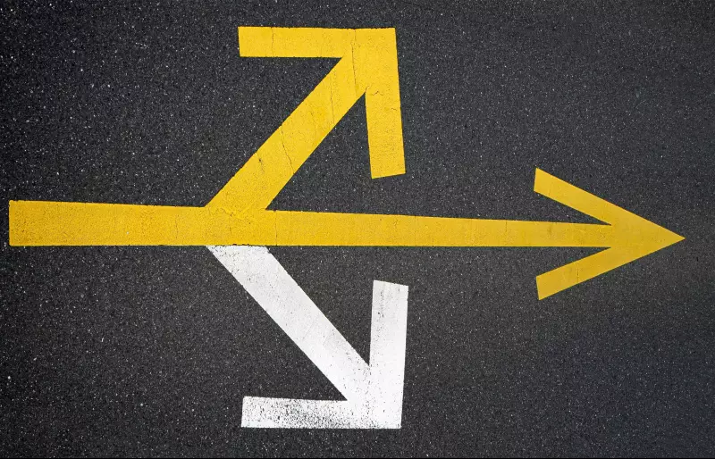 Drei Pfeile auf dem Asphalt weisen in unterschiedliche Richtungen