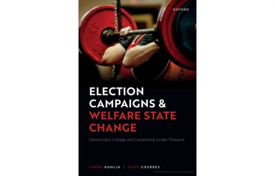 Ein Buchcover mit dem Titel in weißer und roter Schrift "Election Campaigns & Welfare State Change". Das Cover zeigt eine Langhantel, die von einer Person gehoben wird. 