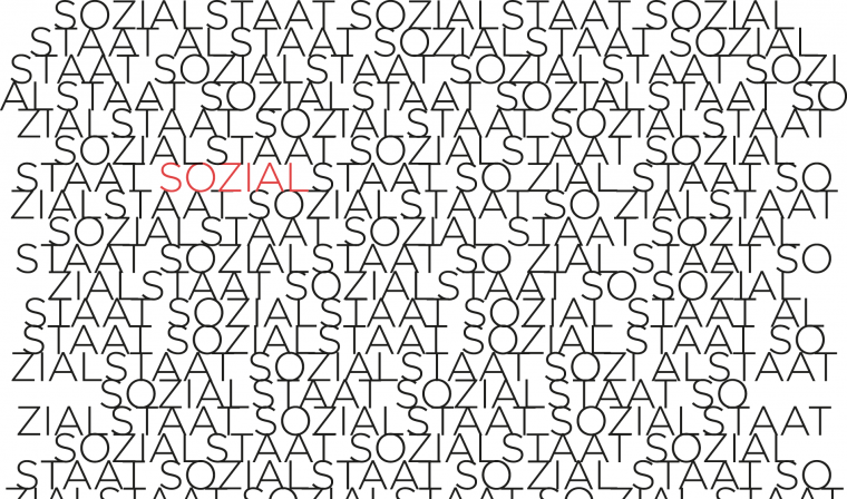 Auf weißem Hintergrund steht in Großbuchstaben das Wort "Sozialstaat" ununterbrochen. Ein "Sozial" im Bereich links oben ist als Akzent rot gefärbt. 