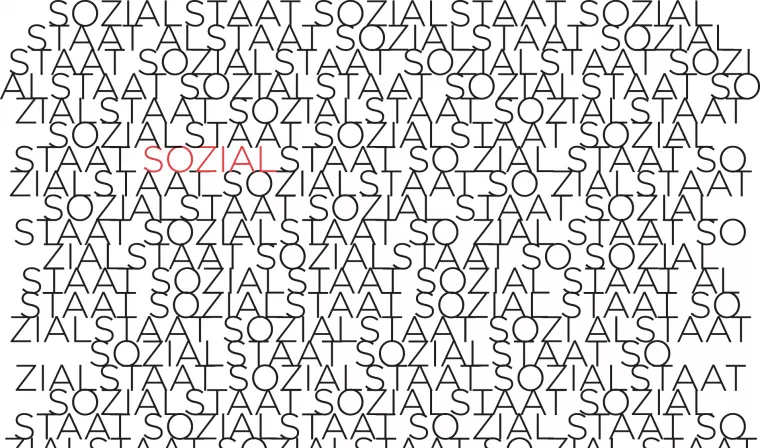 Auf weißem Hintergrund steht in Großbuchstaben das Wort "Sozialstaat" ununterbrochen. Ein "Sozial" im Bereich links oben ist als Akzent rot gefärbt. 