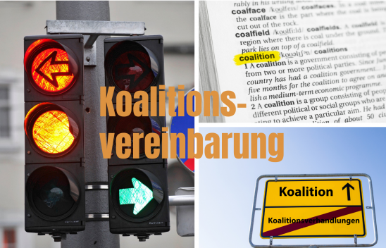 Eine Collage von drei Bildern auf das Wort "Koalition" bezogen (Ampel, Lexikoneintrag und Ortsschild). In der Mitte ist die orangene Aufschrift "Koalitionsvereinbarung" zu sehen.
