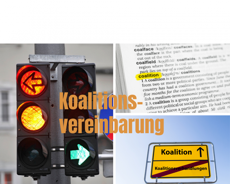 Eine Collage von drei Bildern auf das Wort "Koalition" bezogen (Ampel, Lexikoneintrag und Ortsschild). In der Mitte ist die orangene Aufschrift "Koalitionsvereinbarung" zu sehen.