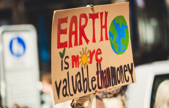 Ein Demonstrationsschild zeigt die bunte Aufschrift "Earth is more valuable than money" und eine aufgemalte Erdkugel.