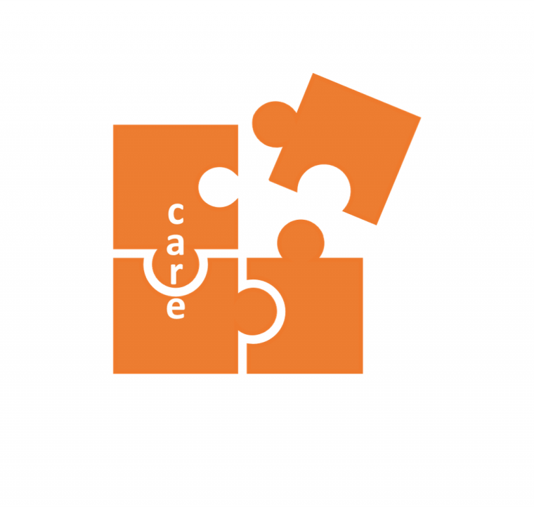 Vier passende orangene Puzzleteile in einem Quadrat, wobei das Puzzleteil rechts oben noch frei liegt. Auf den linken Puzzleteilen steht die weiße Aufschrift "care".