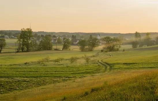Feld und Wiesen. Am Horizont ein Dorf mit Kirche. Feld und Wiesen. Am Horizont ein Dorf mit Kirche.