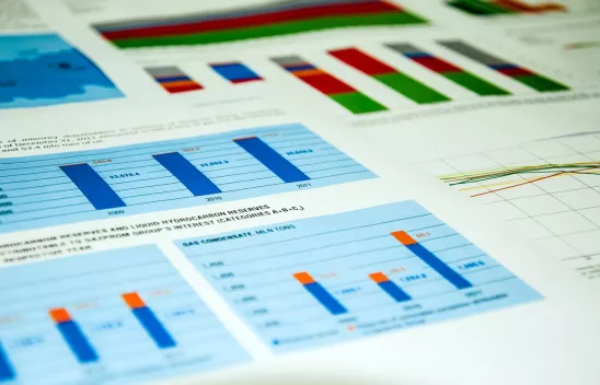 Blick auf Papier, auf dem viele Diagramme gedruckt sind