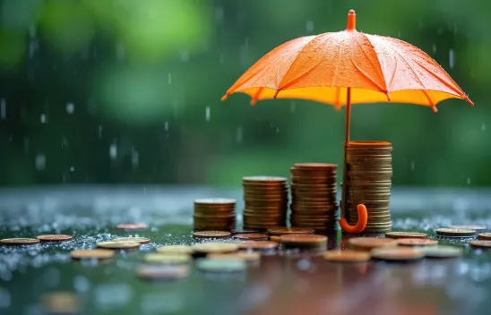 Ein orangefarbener Regenschirm schützt Münzstapel vor Regen Ein orangefarbener Regenschirm schützt Münzstapel vor Regen